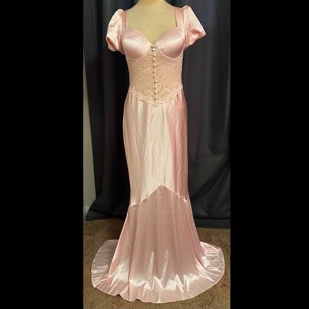 Dolls Kill Pale Pink Satin Lace-Trim Maxi Dress